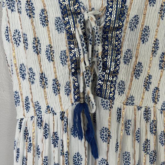 Anthropologie Dress Me 2 Magic Women's Maxi White Blue Gold Size S Paisley Boho - Picture 5 of 11